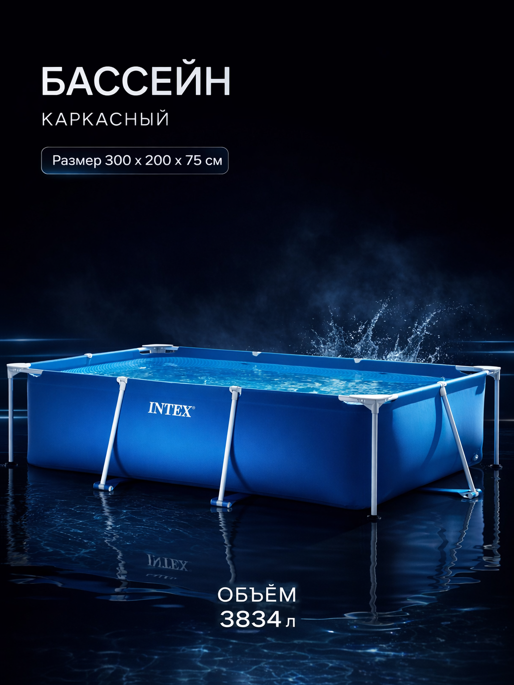 Бассейн каркасный прямоугольный 300х200х75 3834л серии Rectangular Frame Pool 28272 Intex