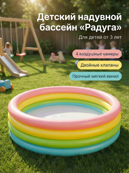 Бассейн надувной детский "Радуга" 168х46см от 3 лет, 4 кольца, Intex  